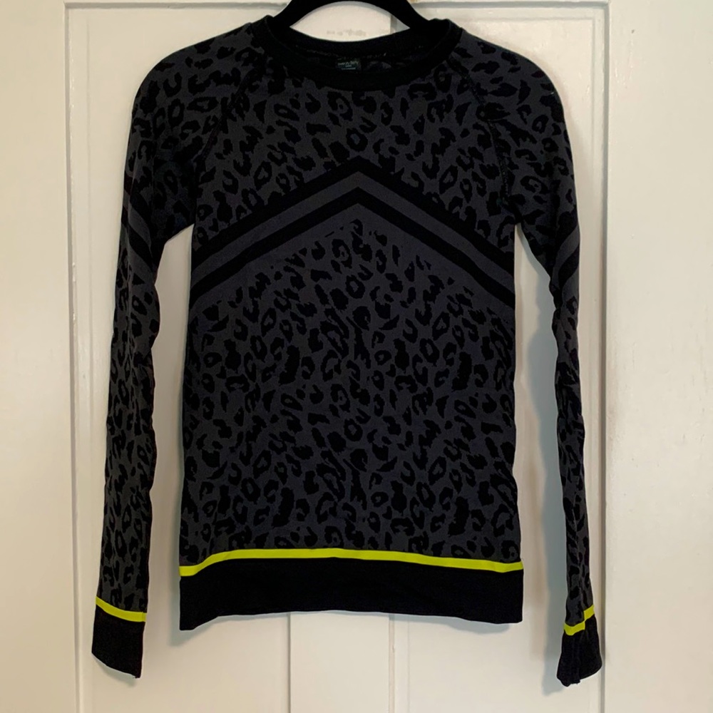 Sweaty Betty Black & Charcoal Leopard Long Sleeve Top with Neon Yellow Trim